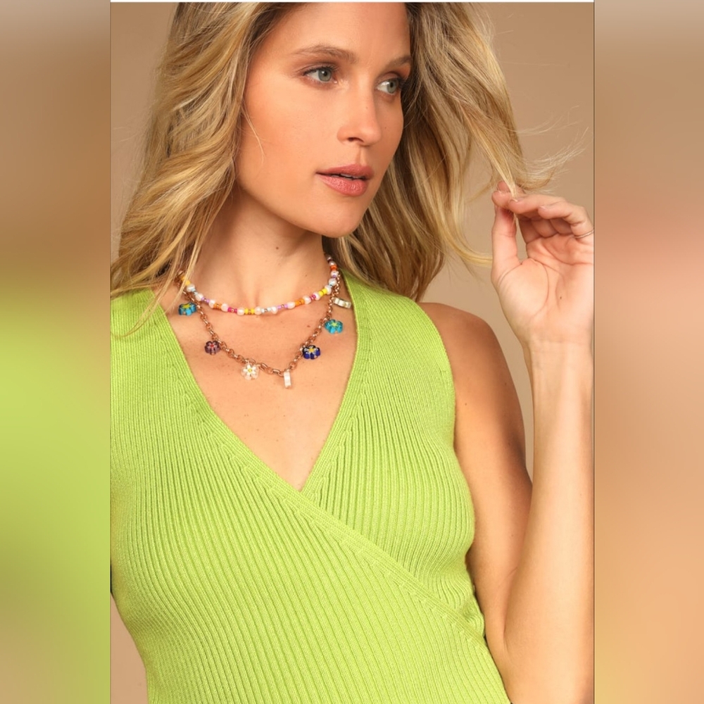 Lulu's* ladies size M Knit faux wrap lime green top, sleeveless cross fr…